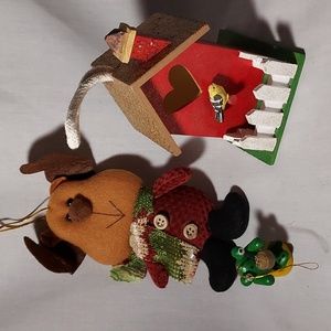 Christmas Ornaments Set of Three Bird House Reindeer Green Frog